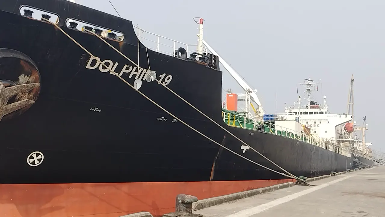 মোংলা বন্দরের ৮নং জেটিতে ভিড়ানো পানামার পতাকাবাহী জাহাজ এমটি ডলফিন-১৯। ছবি : কালবেলা