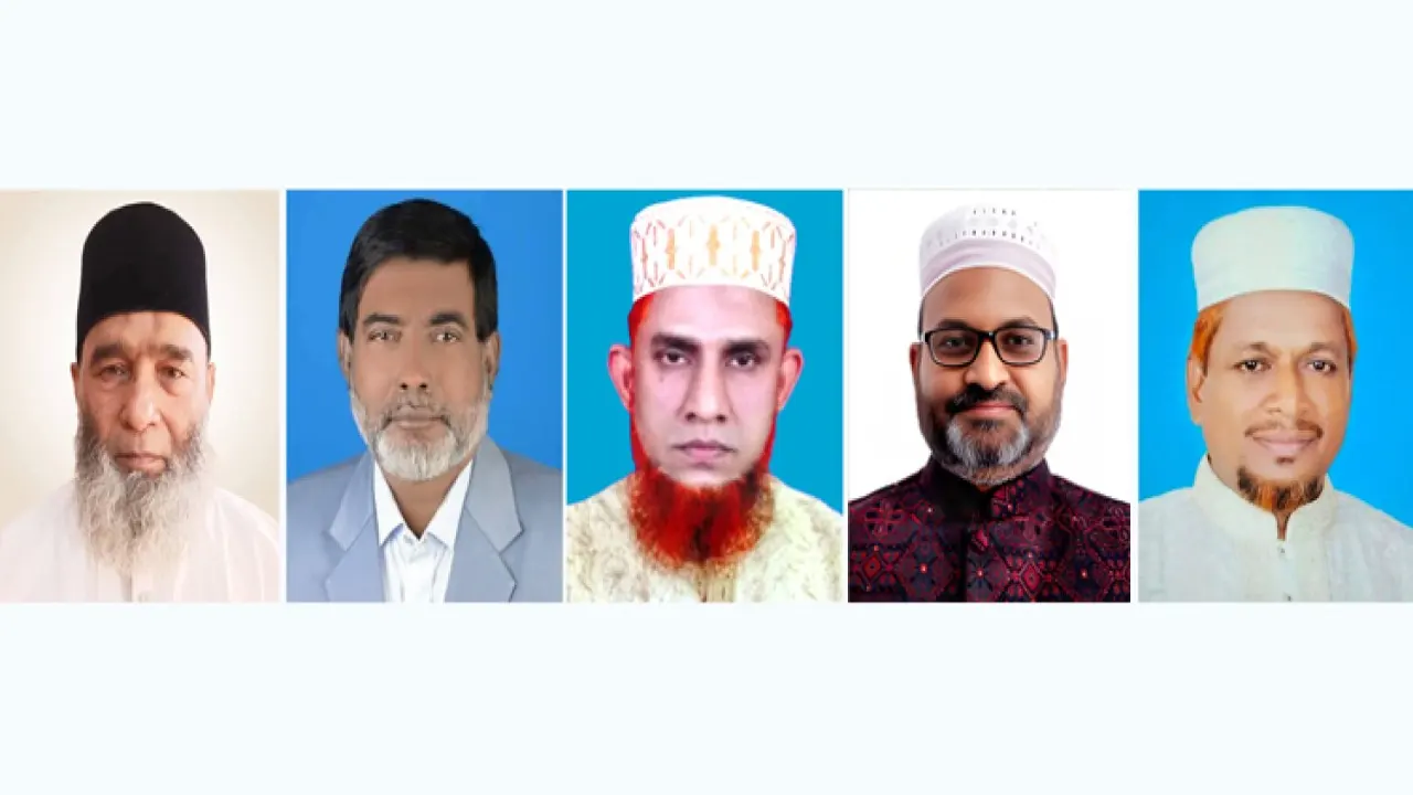 রাজশাহীর ৫ আসনে জামায়াতের প্রার্থী- (বাঁ থেকে) অধ্যাপক মুজিবুর রহমান, অধ্যাপক আবুল কালাম আজাদ, ডা. আবদুল বারী সরদার, নুরুজ্জামান লিটন ও অধ্যাপক নাজমুল হক। ছবি : কালবেলা