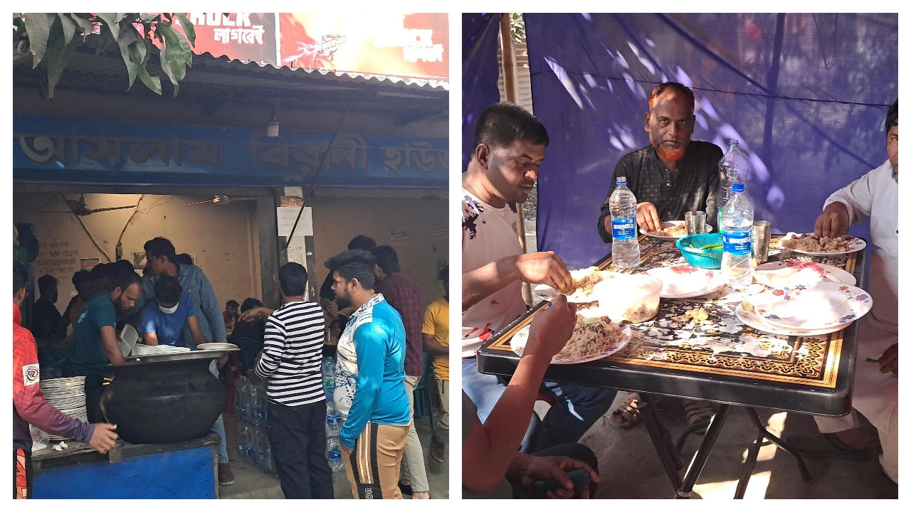 নারায়ণগঞ্জে বিয়ে বাড়ির আদলে প্যান্ডেল সাজিয়ে বিরিয়ানি বিক্রি ও পরিবেশনের দৃশ্য। ছবি : কালবেলা