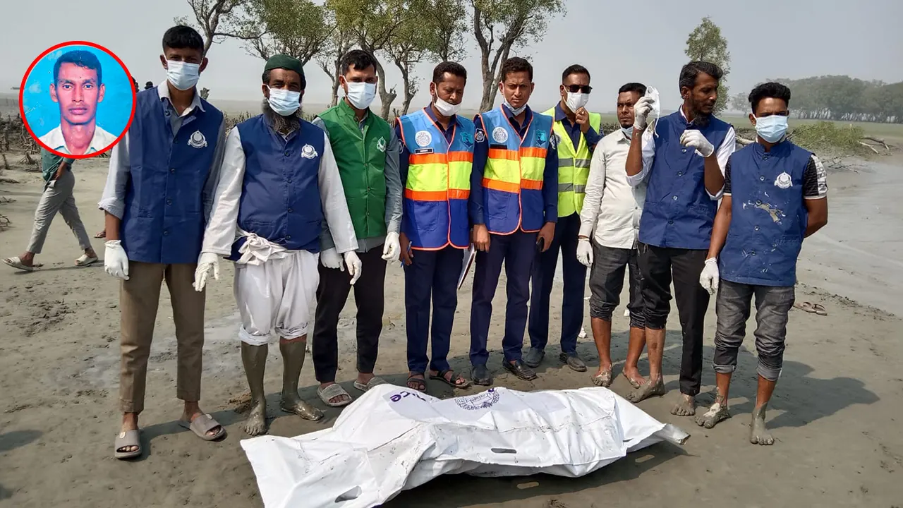 সীতাকুণ্ডের গুলিয়াখালী উপকূল থেকে জেলের মরদেহ উদ্ধার। ইনসেটে রামদাস (লাল চিহ্নিত)। ছবি : কালবেলা