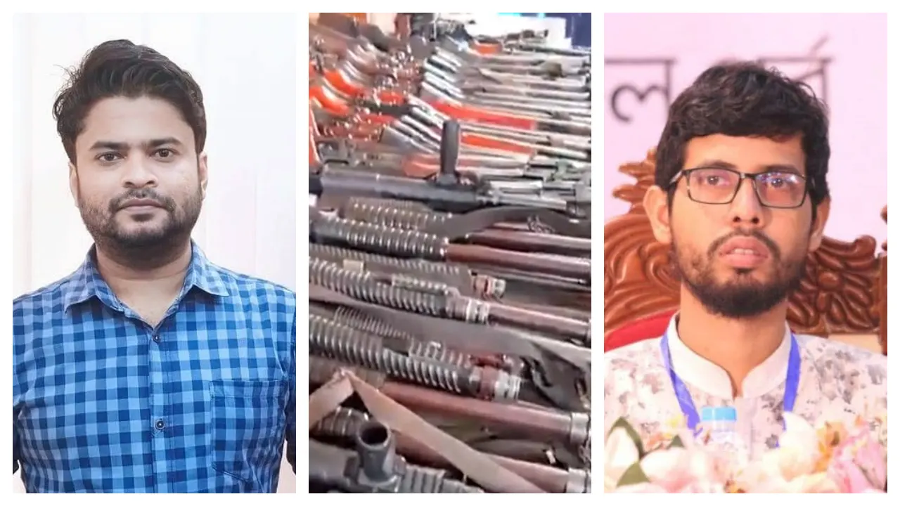 বামে ছাত্রদল রাবি শাখা ছাত্রদলের আহ্বায়ক সুলতান আহমেদ রাহী, ফেসবুকে ছড়িয়ে পড়া অস্ত্রের ছবি (মাঝে) ও রাবি শাখা ছাত্রশিবিরের সভাপতি মোস্তাকুর রহমান জাহিদ (ডানে)। ছবি : কালবেলা