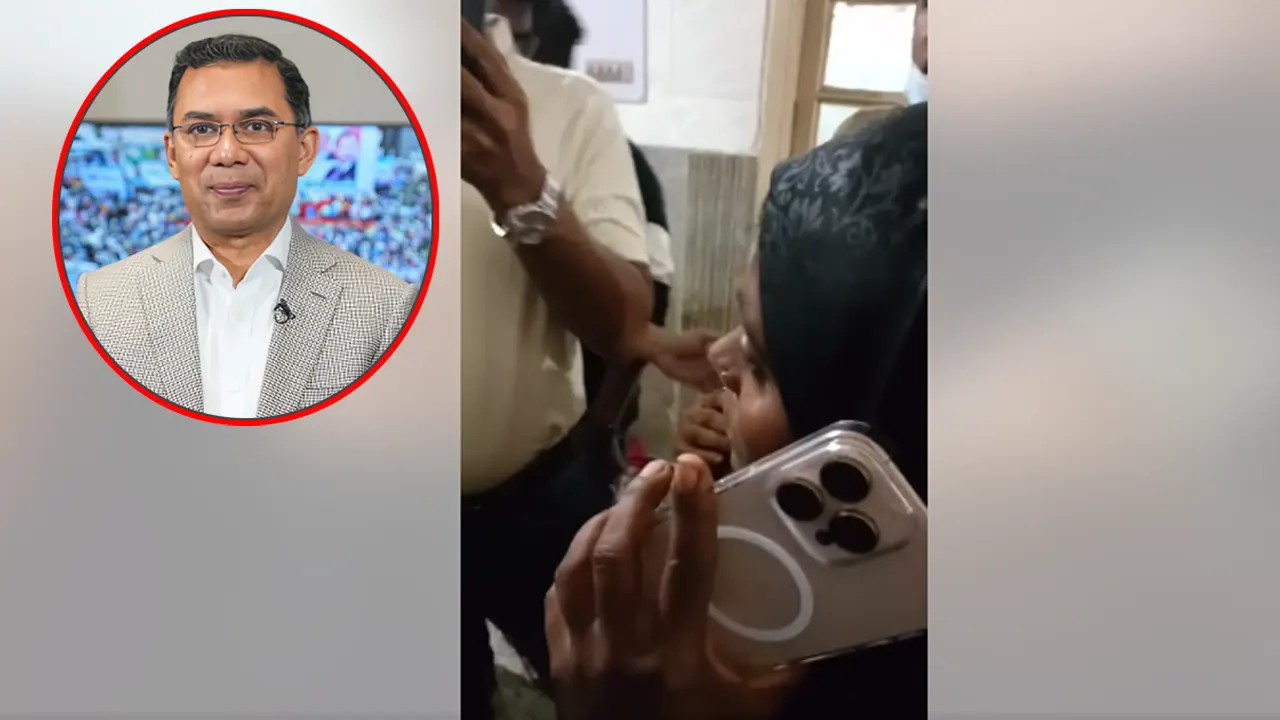 বিএনপির ভারপ্রাপ্ত চেয়ারম্যান তারেক রহমানের সঙ্গে ফোনে কথা বলছেন শিশুটির মা, ইনসেটে (বাঁয়ে) তারেক রহমান। ছবি : সংগৃহীত
