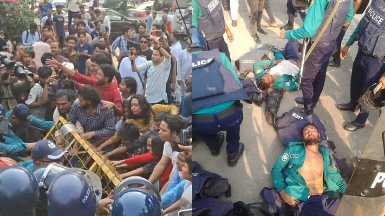 হোটেল ইন্টারকন্টিনেন্টালের সামনে পুলিশের সঙ্গে সংঘর্ষ হয় ‘ধর্ষণ ও নিপীড়নের বিরুদ্ধে বাংলাদেশ’ প্লাটফর্মের সদস্যদের। ছবি : সংগৃহীত