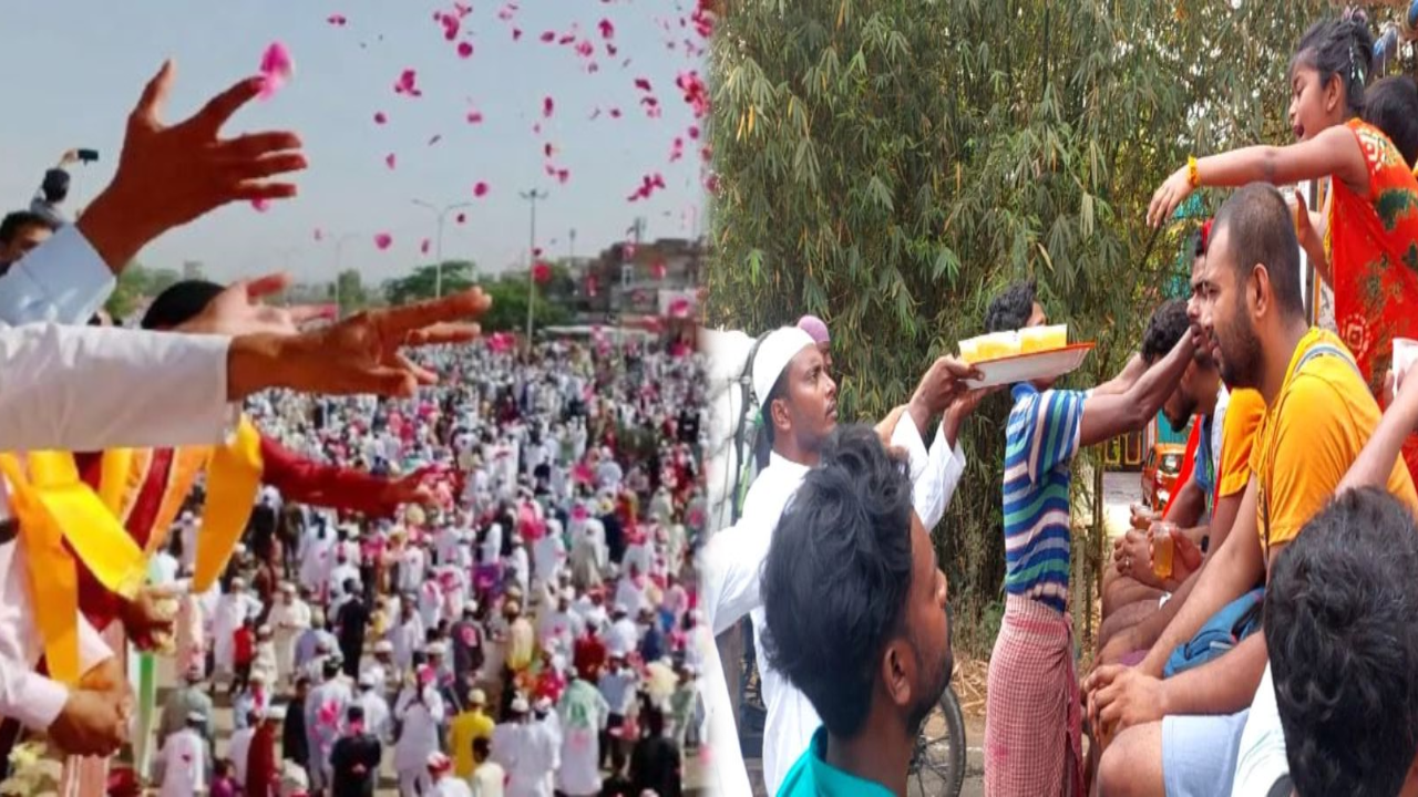 জয়পুরে ঈদের নামাজ পড়তে আসা মুসলমানদের ওপর গোলাপের পাপড়ি ছুড়েছেন হিন্দুরা (বাঁয়ে), তারকেশ্বরে পুণ্যার্থীদের হাতে শরবতের গ্লাস তুলে দিচ্ছেন মুসলিম যুবকরা। ছবি : সংগৃহীত
