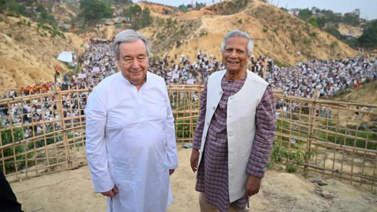 সম্প্রতি রোহিঙ্গা ক্যাম্প পরিদর্শন করেন জাতিসংঘের মহাসচিব আন্তোনিও গুতেরেস ও প্রধান উপদেষ্টা ড. মুহাম্মদ ইউনূস। ছবি : সংগৃহীত