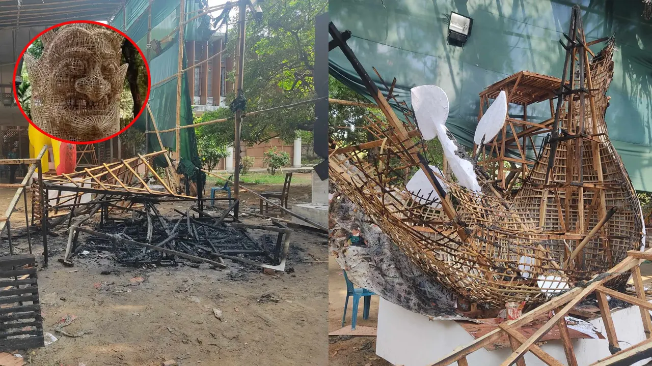 চারুকলায় শোভাযাত্রার ফ্যাসিবাদের মুখাকৃতি ও শান্তির পায়রা মোটিফে আগুন। ছবি : কালবেলা