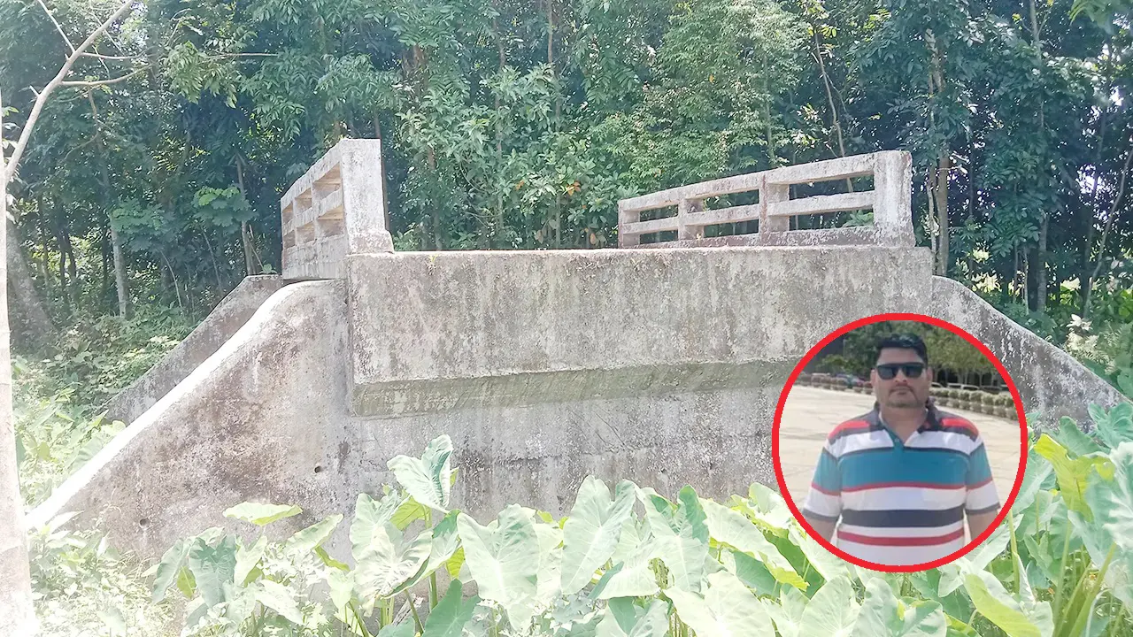 অকেজো পড়ে থাকা সেতু ও ইনসেটে অভিযুক্ত ঠিকাদার ছাত্রলীগ নেতা সৈয়দ হাদিসুর রহমান মিলন। ছবি : কালবেলা