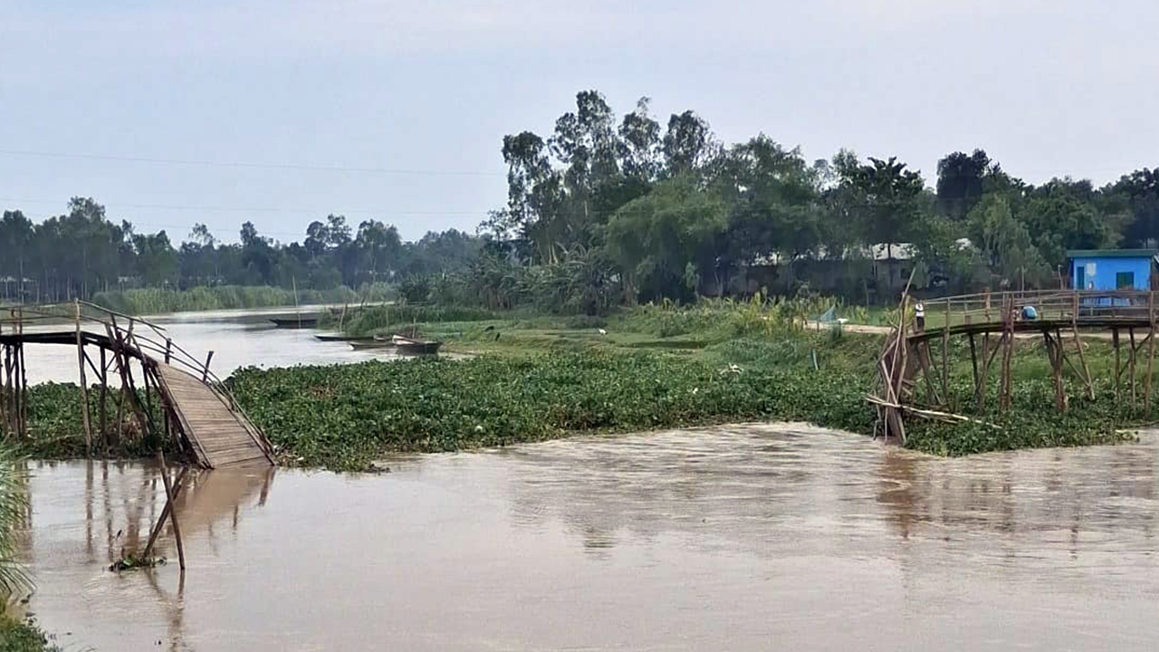 লালকুড়া কাঠের সেতুটি ভারতীয় পাহাড়ি ঢলে আসা পানির স্রোতে ভেঙে গেছে। ছবি : কালবেলা
