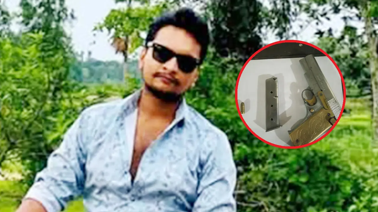 সরকার মুস্তাফিজুর রহমান ওরফে ওয়াফি। ইনসেটে উদ্ধার পিস্তল ও গুলি। ছবি : সংগৃহীত