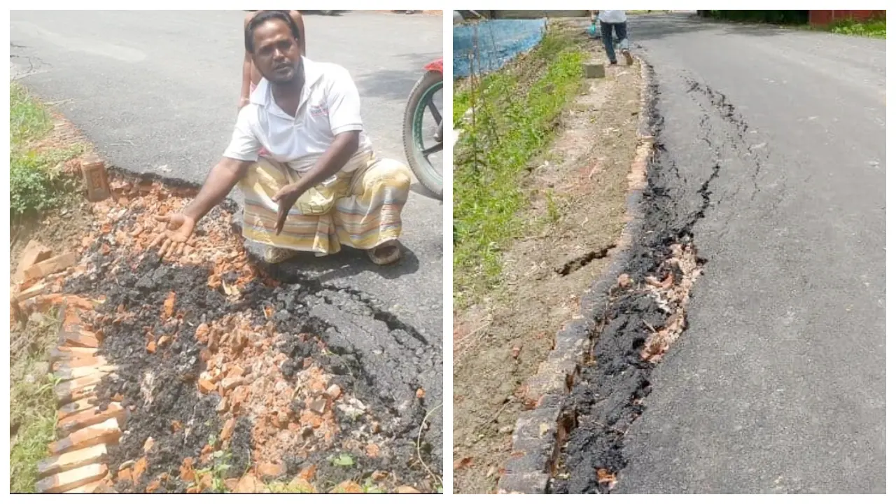 নির্মাণের পরপরই বিভিন্ন স্থানে ভেঙে যাওয়া পাকা সড়ক। ছবি : কালবেলা