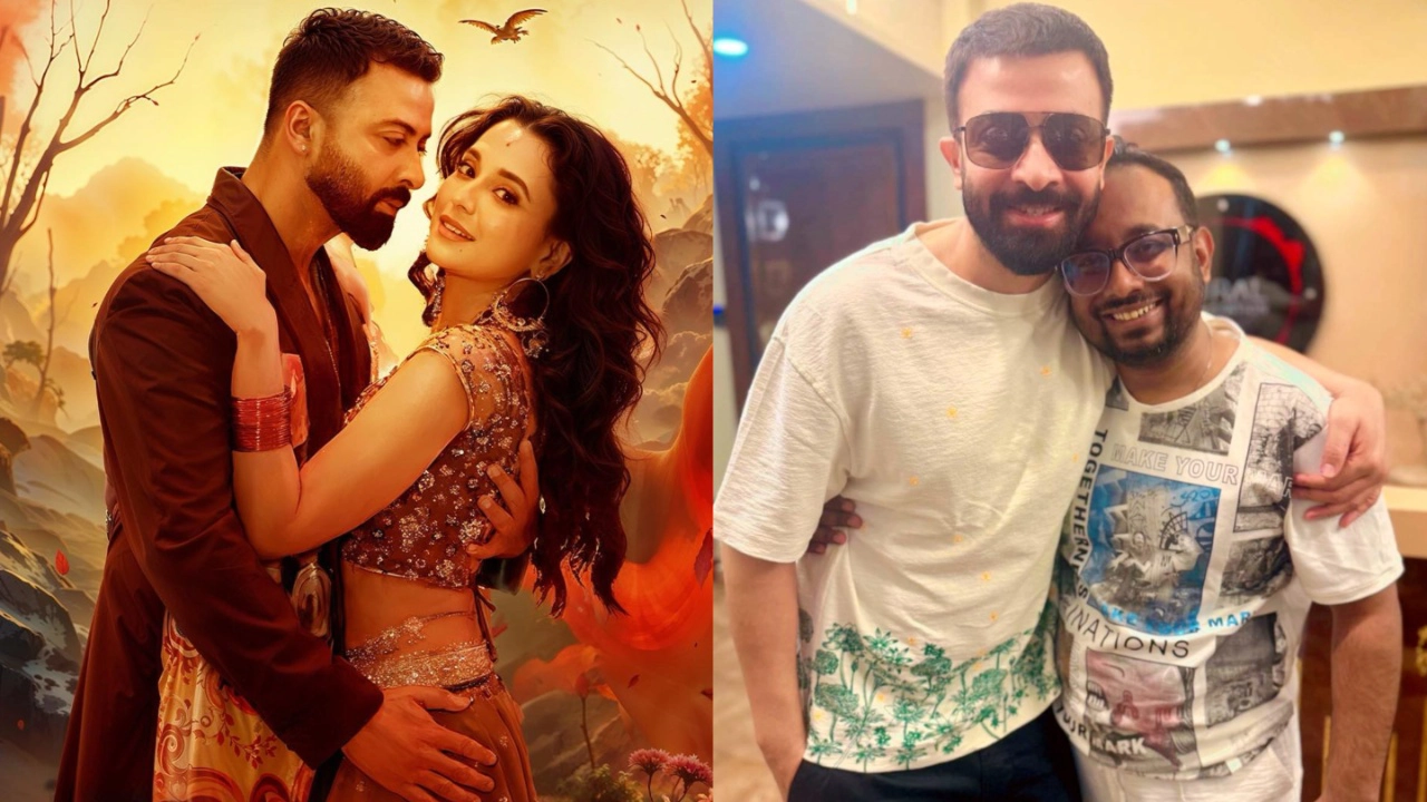 ‘তাণ্ডব’-এর পোস্টারে শাকিব খান ও সাবিলা নূর, বাম পাশে শাকিবের সঙ্গে নির্মাতা রায়হান রাফী। ছবি: সংগৃহীত