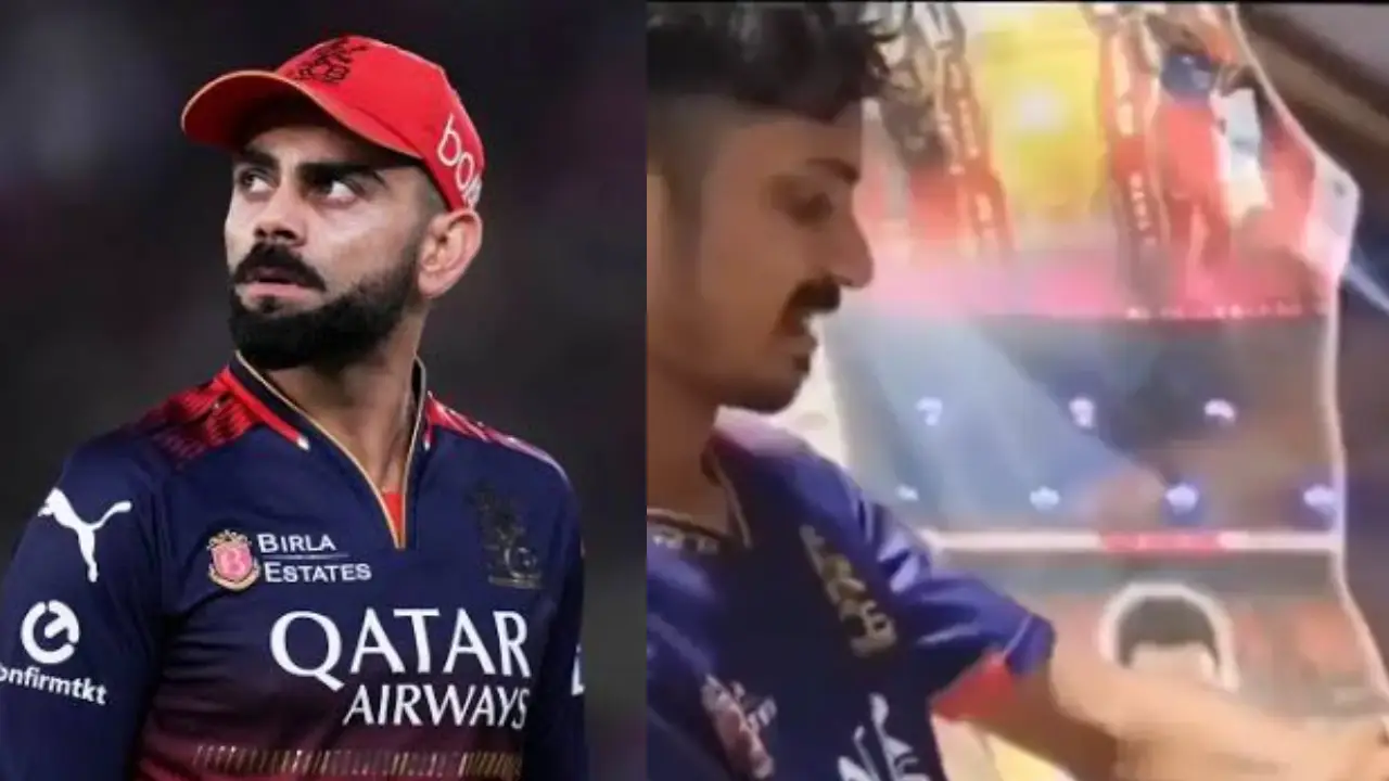 কোহলির পোস্টারে নিজের রক্ত দিয়ে তিলক এঁকে দেন এই অন্ধ ভক্ত। ছবি : সংগৃহীত