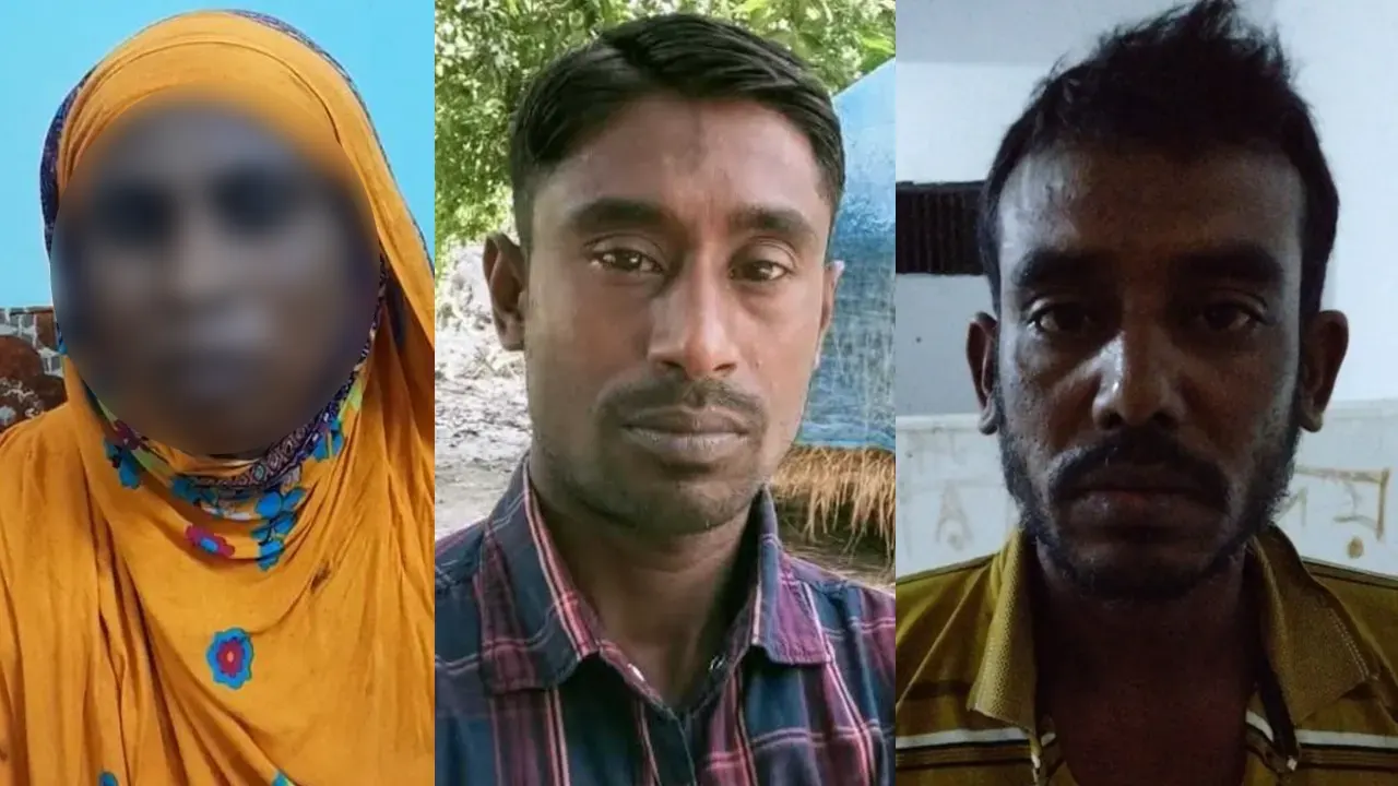 গ্রেপ্তার আন্না খাতুন (বাঁয়ে), মাঝখানে খুনের শিকার রাশিদুল ইসলাম ও আসামি সুমন রেজা (ডানে)। ছবি : কালবেলা