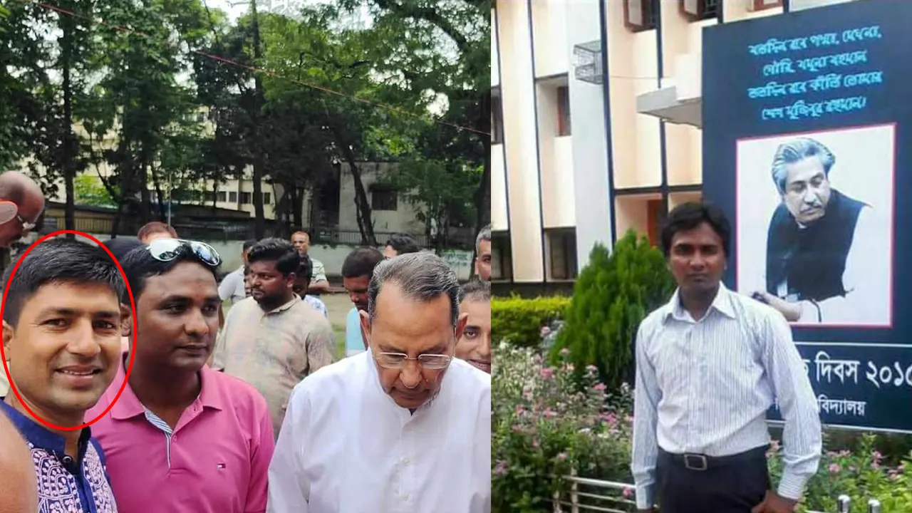 বাঁ থেকে ইনুর সঙ্গে রাবিতে প্রভাষক পদে নিয়োগ পাওয়া জাসদ ছাত্রলীগ নেতা নুরুজ্জামান শেখ (লাল বৃত্তে)। ছবি : কালবেলা