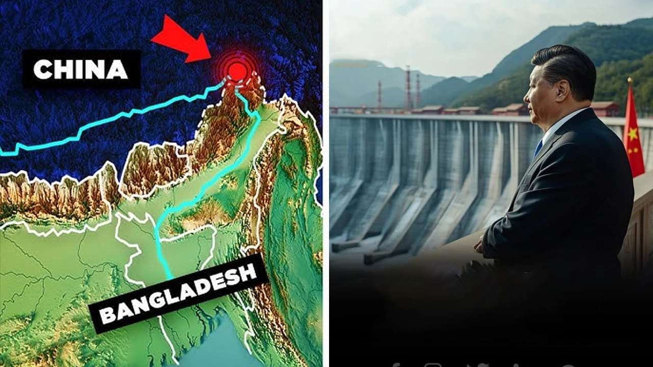 মানচিত্রে চীনের নতুন বাঁধের অবস্থান ও চীনের প্রেসিডেন্ট শি জিনপিং। ছবি : সংগৃহীত