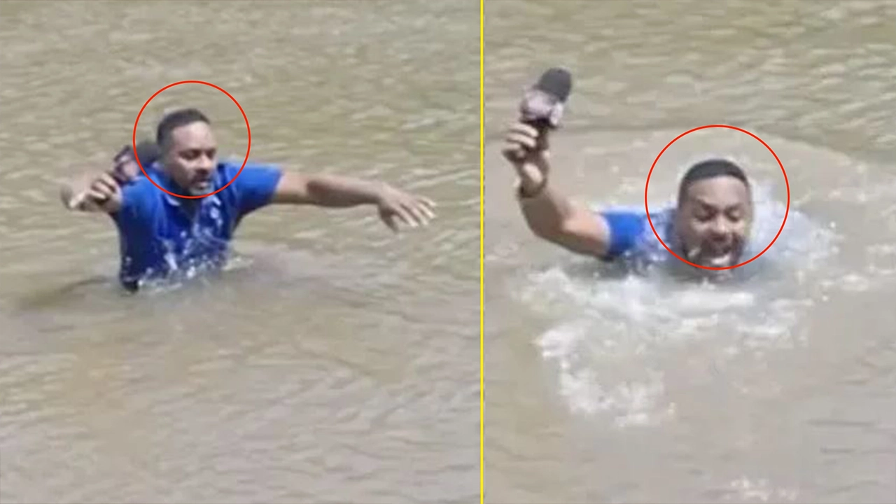 নদীতে লাইভ করতে নামেন সাংবাদিক লেনিল্ডো ফ্রাজাও। ছবি : সংগৃহীত