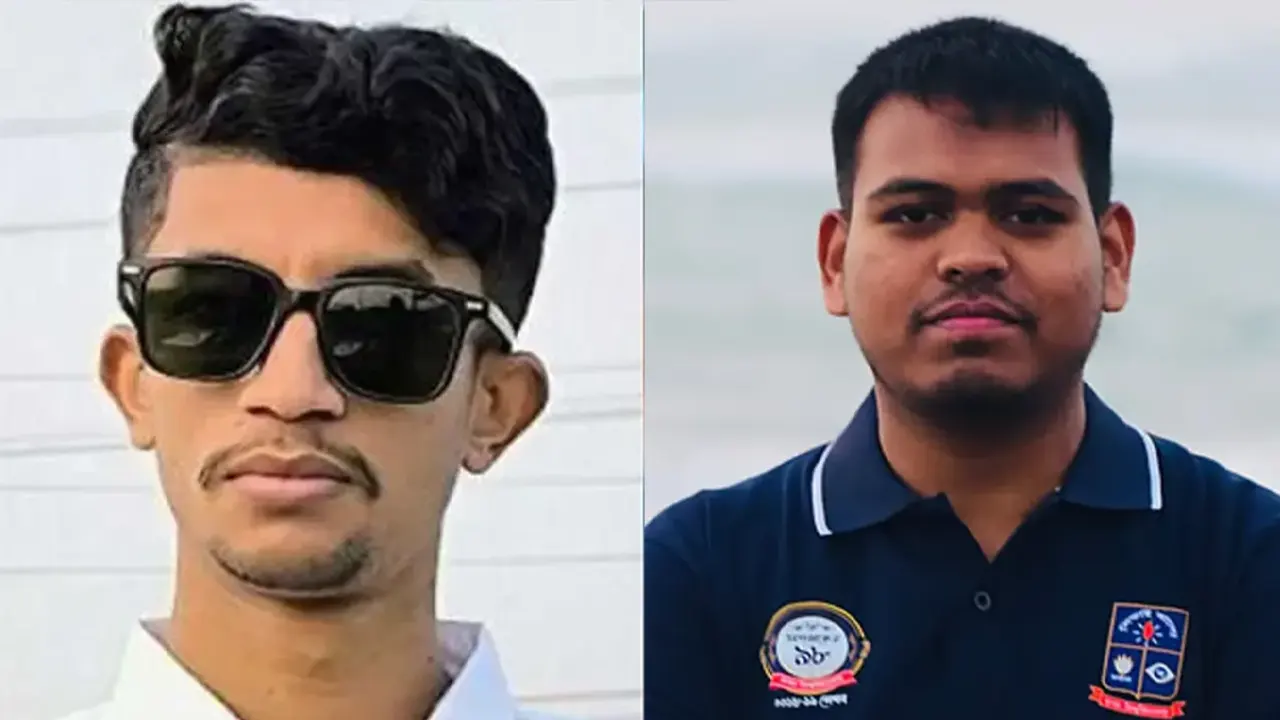 বাঁ দিক থেকে চাঁদাবাজি অভিযোগে আটক হওয়া আবদুর রাজ্জাক বিন সুলাইমান ও  এনসিপির যুগ্ম সদস্য সচিব মাহিন সরকার । ছবি : সংগৃহীত