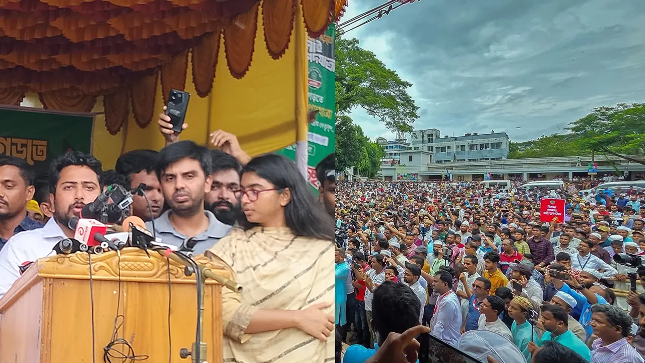 নেত্রকোনায় ‘জুলাই পদযাত্রা’ শেষে পথসভায় বক্তব্য দেন নাহিদ ইসলাম। ছবি : কালবেলা