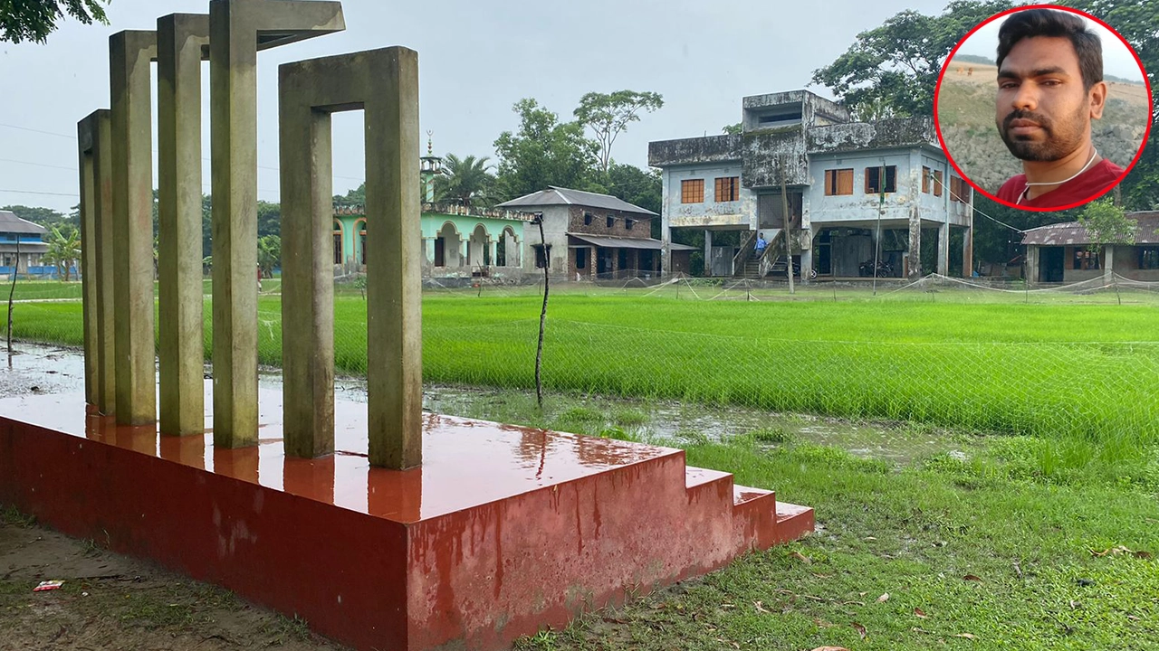 মাদ্রাসা মাঠে ধানের বীজতলা, ইনসেটে ইউপি সদস্য মো. জসিম উদ্দিন। ছবি : কালবেলা