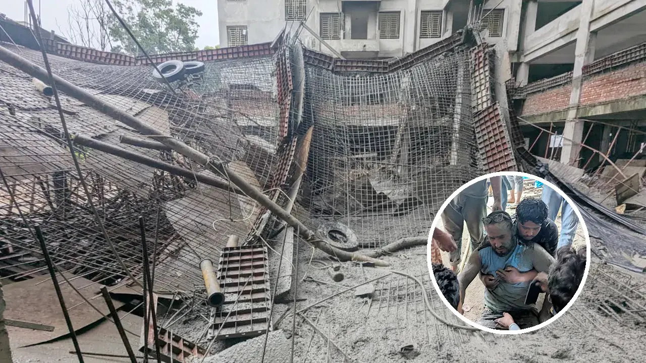 ধসে যাওয়া নজরুল বিশ্ববিদ্যালয়ের নির্মাণাধীন ভবনের ছাদ, ইনসেটে আহত শ্রমিক। ছবি : কালবেলা