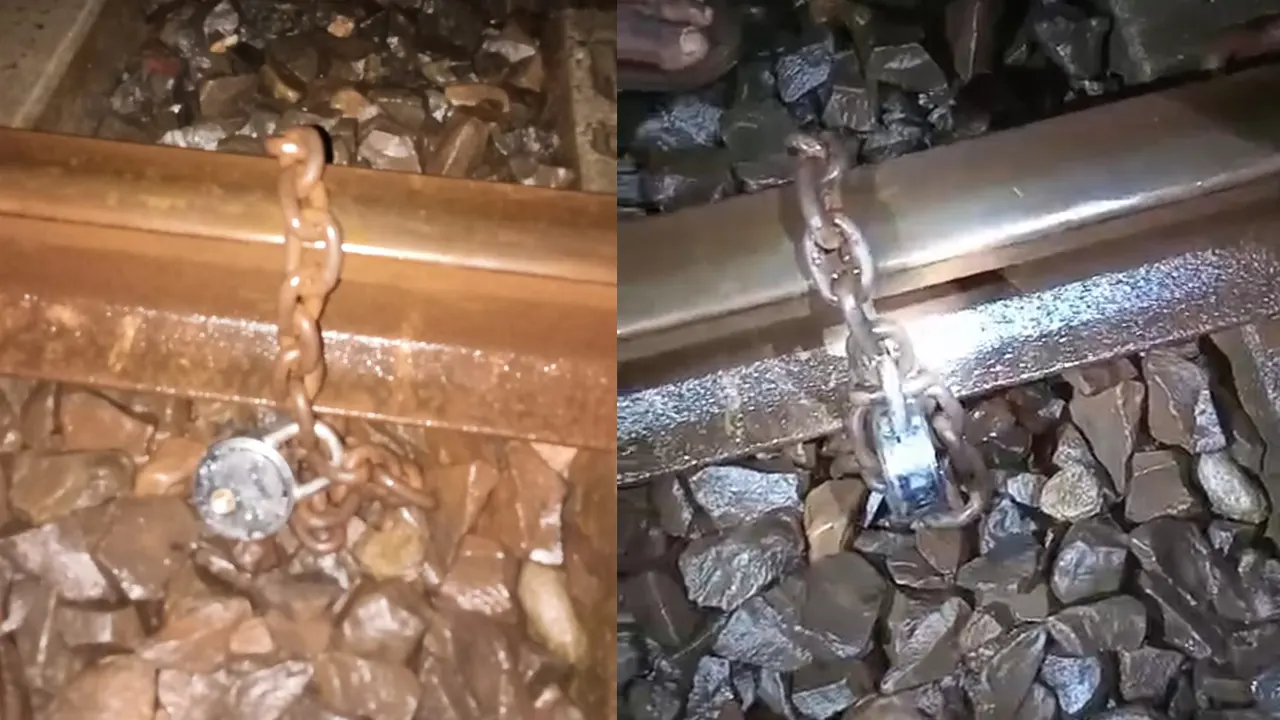 নাটোরে মাধনগর রেলস্টেশন সংলগ্ন পলাশীতলা রেললাইনে শিকল পেঁচিয়ে তালাবদ্ধ করে রাখা হয়। ছবি : কালবেলা