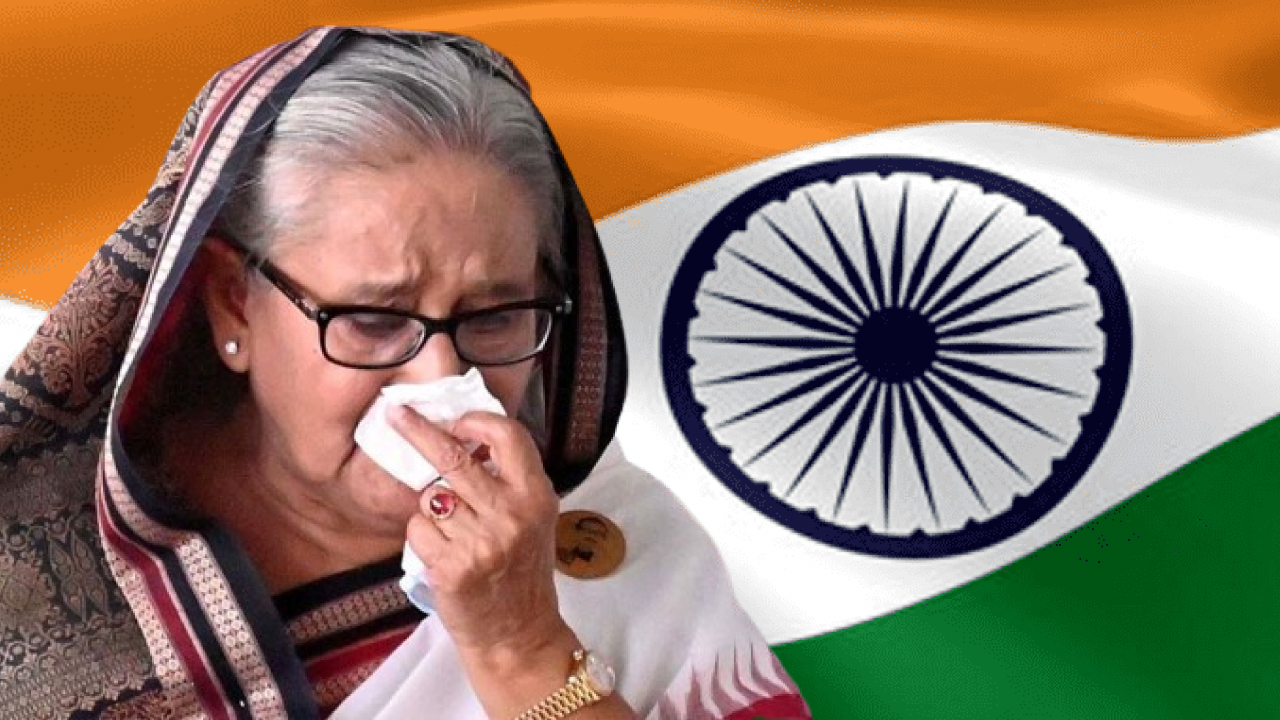 সাবেক প্রধানমন্ত্রী শেখ হাসিনা, ভারতের পতাকা। ছবি : সংগৃহীত