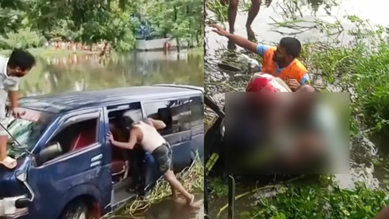 নোয়াখালীর বেগমগঞ্জে একটি যাত্রীবাহী মাইক্রোবাস নিয়ন্ত্রণ হারিয়ে খালে পড়ে যায়। ছবি : সংগৃহীত