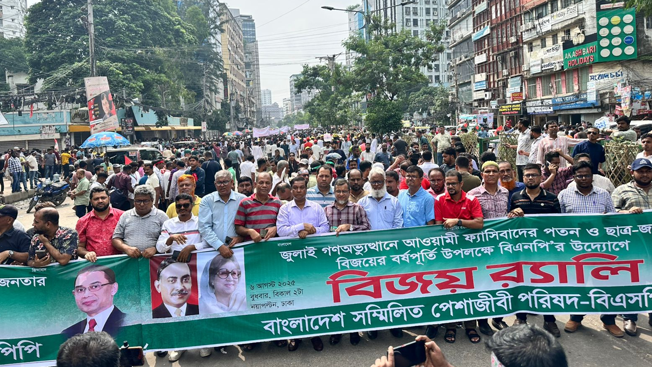 র‌্যালিতে বাংলাদেশ সম্মিলিত পেশাজীবী পরিষদের নেতা-কর্মীরা। ছবি : সংগৃহীত