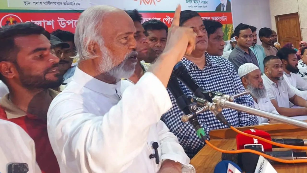 নরসিংদীর পলাশ উপজেলায় বিএনপির প্রতিষ্ঠাবার্ষিকীর অনুষ্ঠানে বক্তব্য দেন ড. আব্দুল মঈন খান। ছবি : কালবেলা