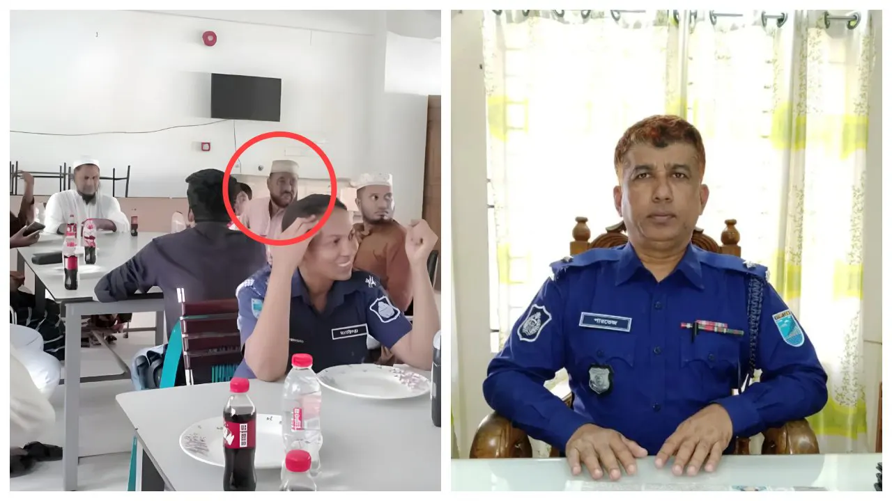 লাল বৃত্তে যুবলীগ নেতা মোক্তার বেপারী ও ওসি পারভেজ আহমেদ সেলিম। ছবি : কালবেলা