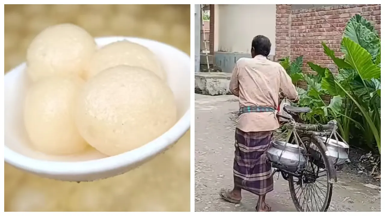 এলাকায় ঘুরে ঘুরে রসগোল্লা বিক্রি করেন সুমাল ঘোষ। ছবি : কালবেলা