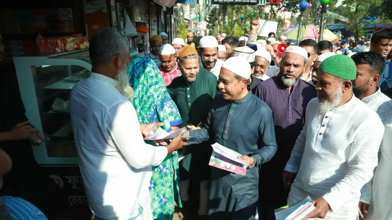 নারায়ণগঞ্জের চাষাঢ়া বাগে বিএনপির ঘোষিত রাষ্ট্র কাঠামো মেরামতের ৩১ দফা রূপরেখা জনসাধারণের মাঝে বিতরণ করেন মাসুদুজ্জামান মাসুদ। ছবি : কালবেলা