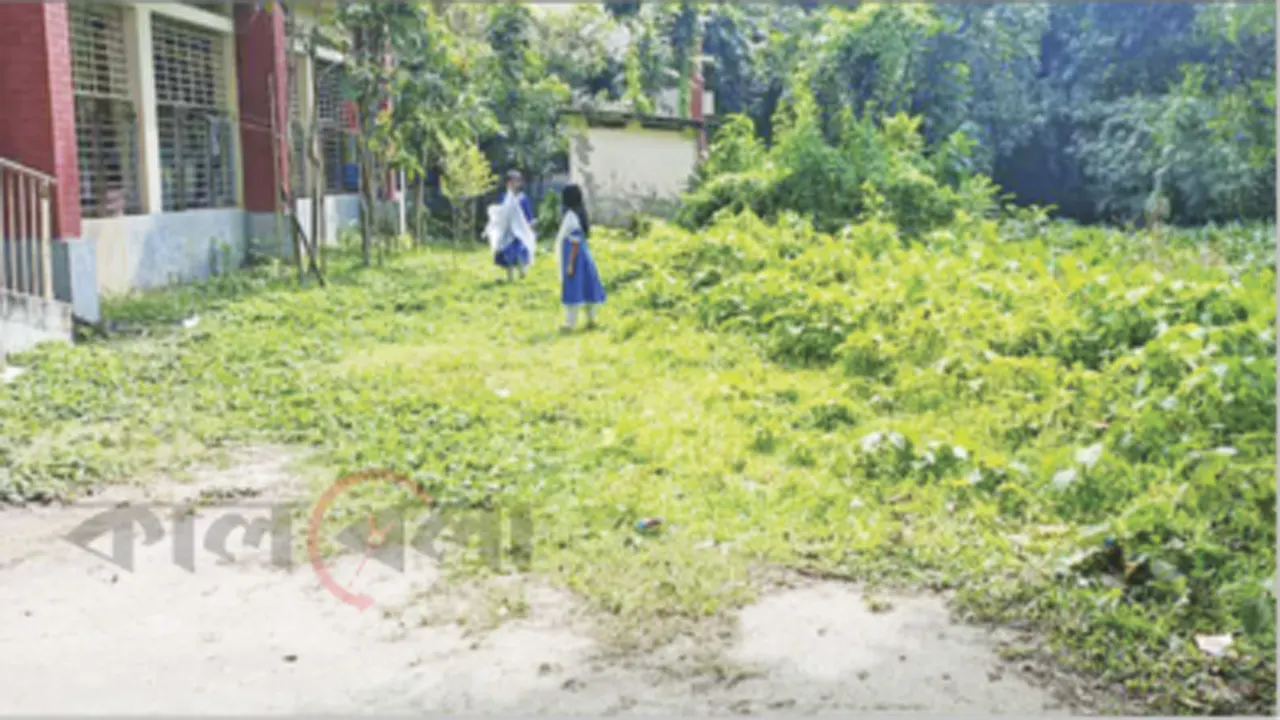 বিদ্যালয়ের সামনে জলাশয় ঝুঁকিতে শিক্ষার্থীরা