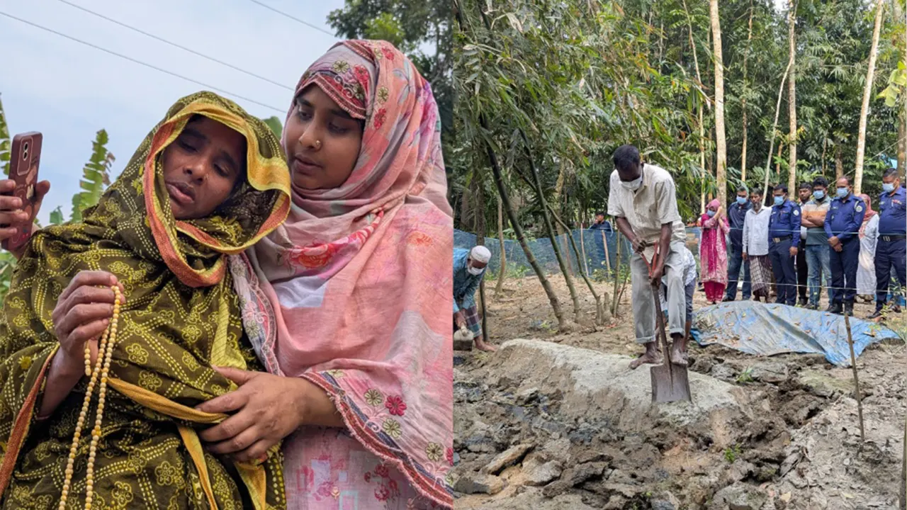 কবর থেকে ইমরানের মরদেহ তোলার মুহূর্তে কান্নায় ভেঙে পড়েন মা মোসা. সাফিয়া বেগম। ছবি : কালবেলা