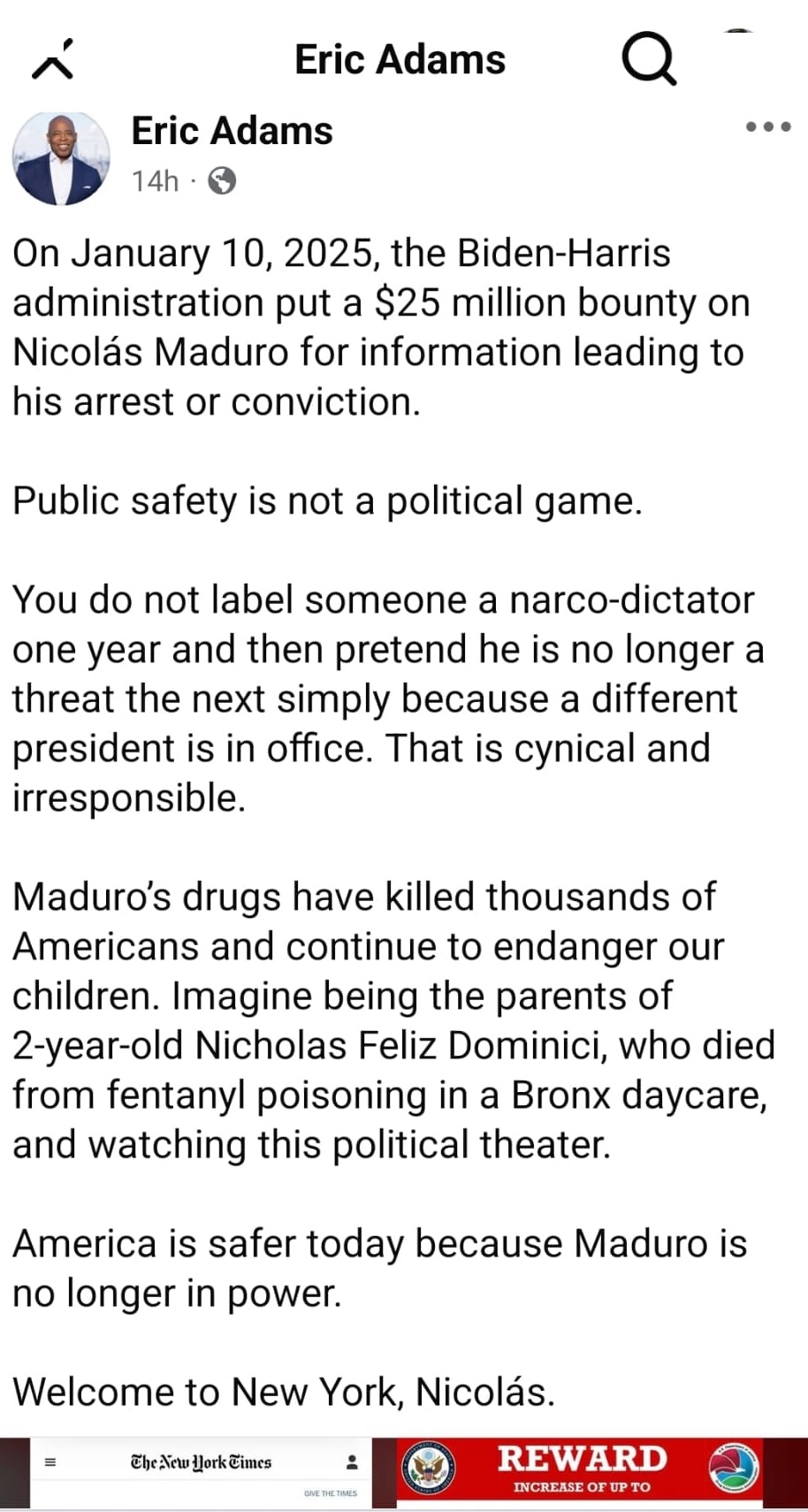 ‘মাদুরোকে ধরতে ২৫ মিলিয়ন ডলার ঘোষণা ছিল বাইডেন প্রশাসনের’