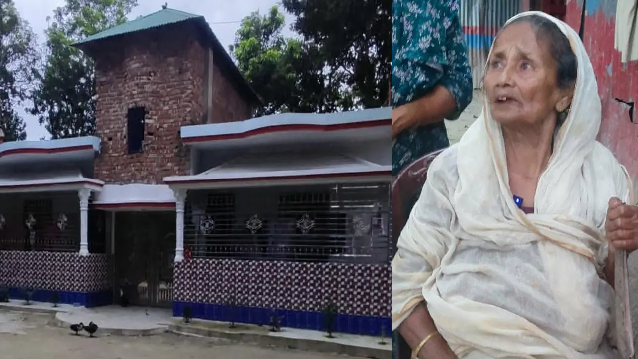 ছেলের বিল্ডিং বাড়ি ও তার বৃদ্ধা মা। ছবি : কালবেলা