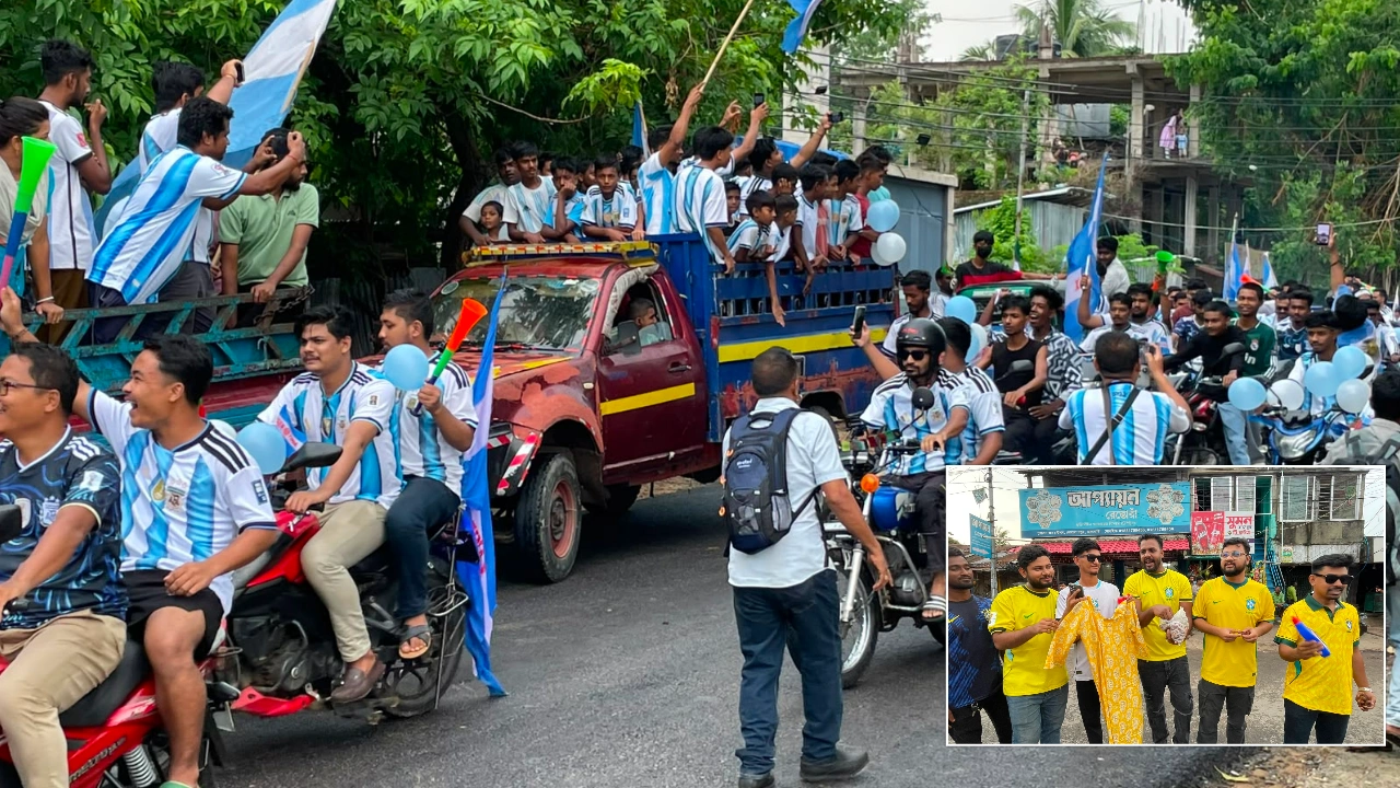 রাঙামাটিতে আর্জেন্টিনার মোটরশোভাযাত্রায় ব্রাজিল সমর্থকদের থ্রি-পিস বিতরণ। ছবি : কালবেলা