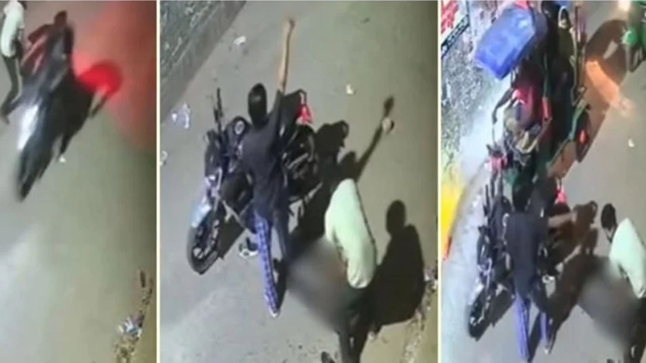 মোটরসাইকেল আরোহীকে মাথায় ইট মেরে জখমের ঘটনার সিসিটিভি ফুটেজ।