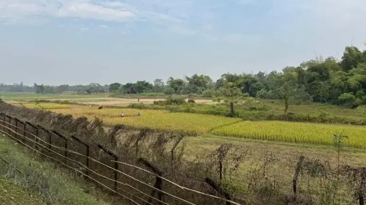 বাংলাদেশ-ভারতের সীমান্তের একটি অংশ, যেখানে কাঁটাতারের বেড়া রয়েছে।