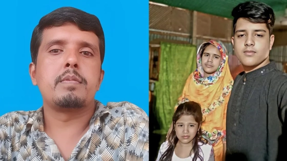 দুই সন্তানকে নিয়ে শহীদ মিজানুরের স্ত্রী শেফালী বেগম। ছবি : কালবেলা